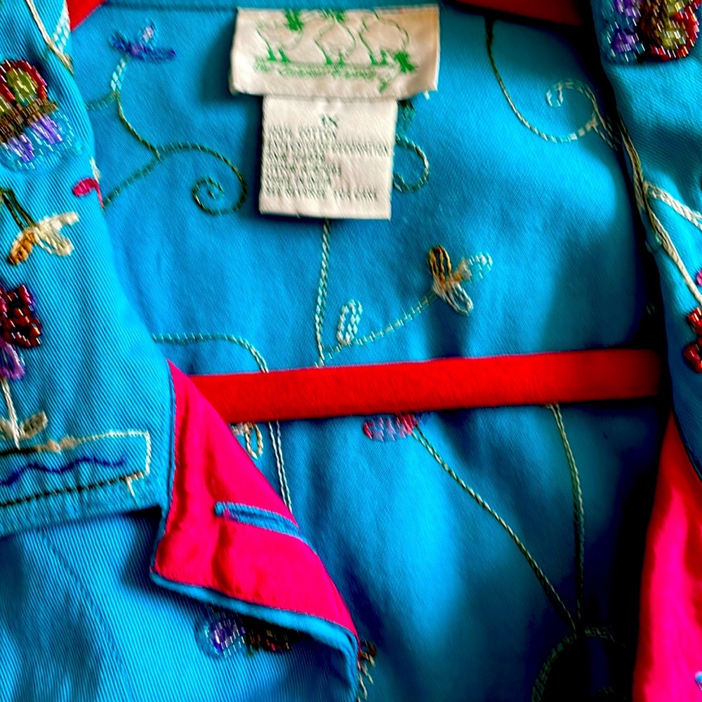 Vintage Granny Core  bright blue floral embroidered beaded shaket size 1X